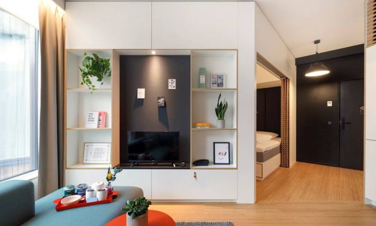 Day use amenities include TV and living area (with the exception of the bed) at Zoku Copenhagen.