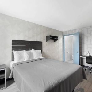Day use room with work desk and natural light at Hotel 365 Bronx.