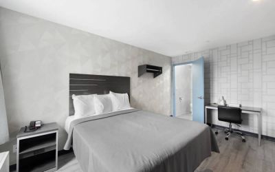 Day use room with work desk and natural light at Hotel 365 Bronx.