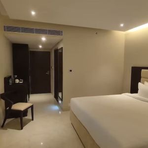 King bed with TV at Mayur Belgaum Presidency Hotel & Spa.