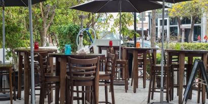 Hotel terrace with seating area at Hotel Chelsea, A South Beach Group Hotel.