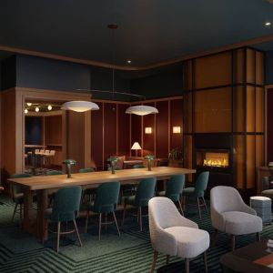 Lobby lounge area and workspace at Romer Hell's Kitchen.