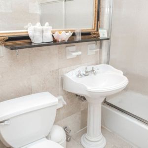 Guest bathroom with shower at Da Vinci Hotel.