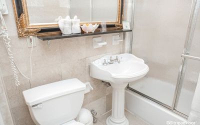 Guest bathroom with shower at Da Vinci Hotel.