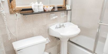 Guest bathroom with shower at Da Vinci Hotel.