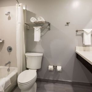 Private guest bathroom with combined shower and tub at Travelodge LAX By Wyndham.