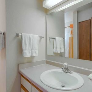 Guest bathroom with shower at Norwood Inn Statefare Grounds.