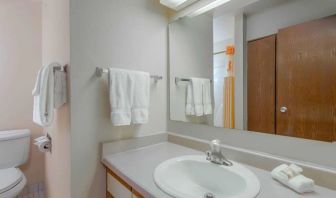 Guest bathroom with shower at Norwood Inn Statefare Grounds.
