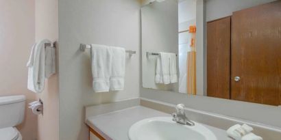 Guest bathroom with shower at Norwood Inn Statefare Grounds.