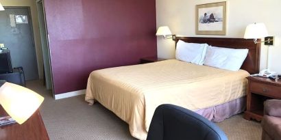 Day use room with king bed and work desk at Norwood Inn And Suites Worthington.