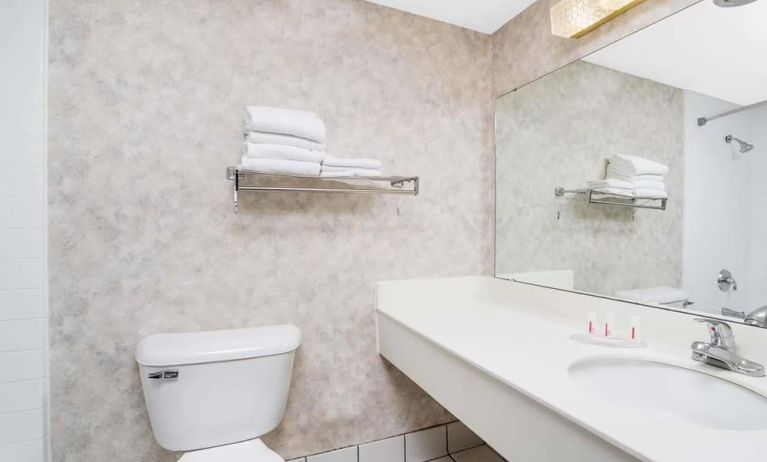 Private guest bathroom with shower and free toiletries at Norwood Inn & Suites La Crosse.