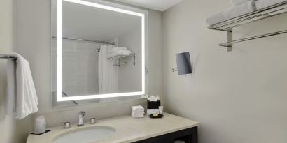 Private guest bathroom with shower and free toiletries at Hotel Tampa Riverwalk