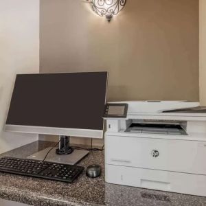 Hotel business center workstation, including monitor, keyboard, mouse, and printer.
