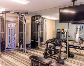The hotel fitness center is equipped with assorted free weights, benches, a TV, and various exercise machines.