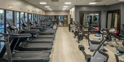Fully equipped fitness center at Hilton Minneapolis.