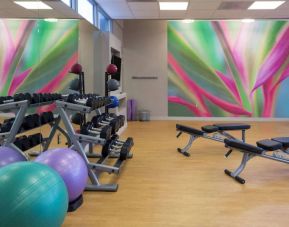 Sonesta Miami Airport’s fitness center is equipped with racks of free weights, multiple benches, and gym balls.