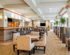 The hotel’s bar lounge features table seating, bar stools, multiple televisions, and potted plants.