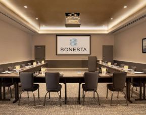 Hotel meeting room with long tables arranged in a U-shape, facing a large projector screen.