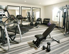 The hotel fitness center has both free weights and assorted exercise machines for guests to use.