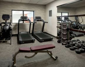 The hotel’s fitness center has treadmills, an elliptical machine, bench, and assorted free weights.