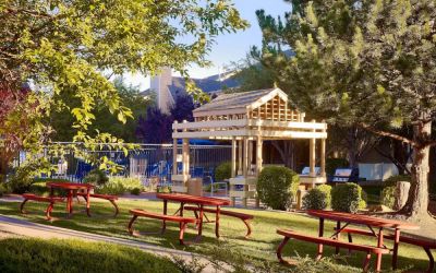 The picnic area at Sonesta ES Suites Flagstaff features benches on tables on grass, with trees and and barbecue facilities nearby.