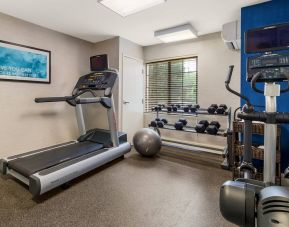 Sonesta ES Suites Charlotte Arrowood’s fitness center is equipped with rows of free weights and various exercise machines.