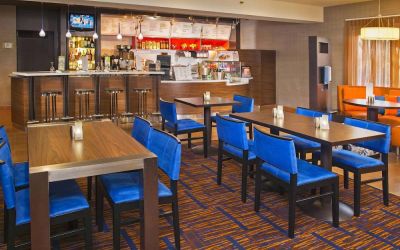 The hotel’s breakfast room offers a range of healthy options and has tables for two to four diners.