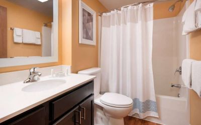 Sonesta Simply Suites Seattle Renton guest bathroom, furnished with bath and shower, lavatory, and mirror and sink.