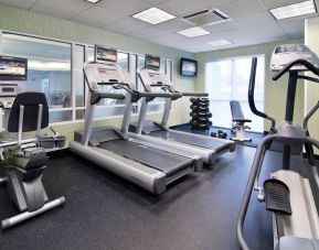 Sonesta Select Seattle Renton’s fitness center is equipped with both free weights and a variety of exercise machines, and has large windows.