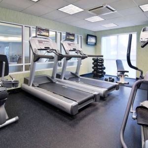 Sonesta Select Seattle Renton’s fitness center is equipped with both free weights and a variety of exercise machines, and has large windows.