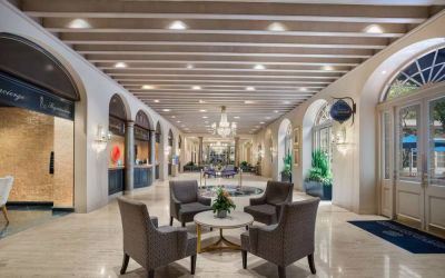 The hotel’s lobby lounge features armchairs, coffee tables, potted plants, and a spacious setting.