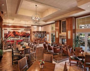 The hotel’s Heart Room Patio serves up breakfast in a setting of high ceilings and toasty fireplaces, with tables of varying sizes and numerous potted plants.