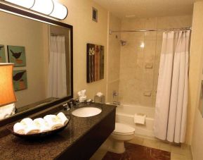 Sonesta Atlanta Airport North guest bathroom, furnished with bath and shower, lavatory, and sink and mirror, plus nature-themed art on the walls.