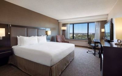 Double bed guest room Sonesta San Jose, with workspace desk and chair, armchair, TV, and window.