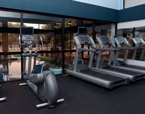 The fitness center at Sonesta Charlotte Executive Park has assorted exercise machines, and large windows that overlook the pool.