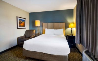 Sonesta Simply Suites St Louis Earth City double bed guest room, featuring bedside lamps, window, and armchair.
