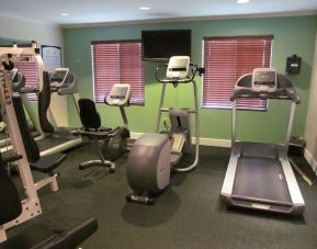 The hotel fitness center has two windows fitted with blinds, a wall-mounted TV, and  assorted exercise machines.
