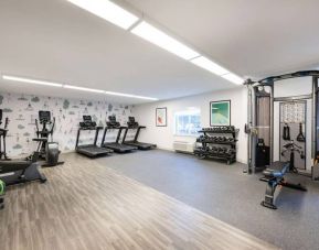 Sonesta Simply Suites Jersey City’s fitness center is equipped with free weights, a variety of exercise machines, gym balls, and art on the walls.