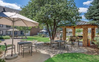 Sonesta ES Suites Denver South - Park Meadows’ patio includes shaded tables and chairs, trees, and a gazebo with barbecue facilities.