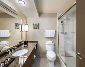 Sonesta White Plains Downtown guest bathroom including shower, lavatory, sink, and mirror.