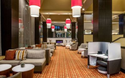 Sonesta White Plains Downtown’s lobby lounge is furnished with sofa and armchair seating, coffee tables, and a fireplace.