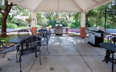 Sonesta Simply Suites Austin The Domain Area’s gazebo has tables and chairs alongside barbecues, and numerous trees nearby.