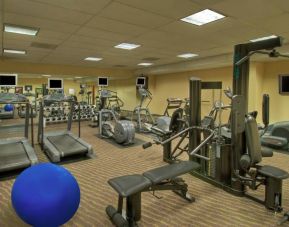 Royal Sonesta Portland Downtown’s fitness center is equipped with free weights, a wall-mounted TV, and assorted exercise machines.