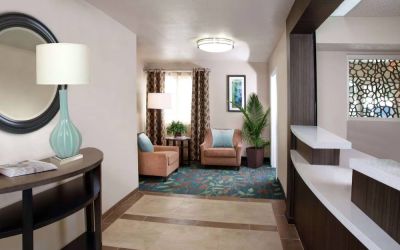Sonesta Simply Suites Plano Frisco’s lobby features a pair of armchairs, window, coffee table, and potted plants.