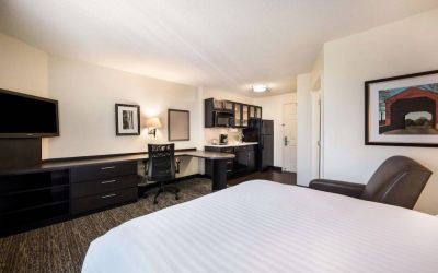 Sonesta Simply Suites Dallas Las Colinas double bed guest room, furnished with armchair, TV, and workspace desk and chair.