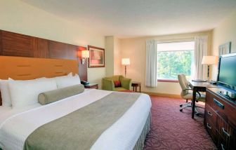 Double bed guest room in Sonesta Milwaukee West Wauwatosa, featuring armchair, window, and television.