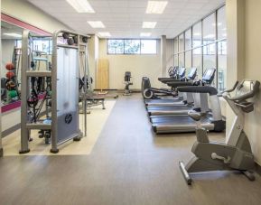 Sonesta Milwaukee West Wauwatosa’s fitness center is equipped with gym balls and various types of exercise machines.