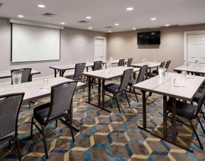 Hotel meeting room, furnished with a wall-mounted TV, and tables arranged in a classroom format facing a projector screen.