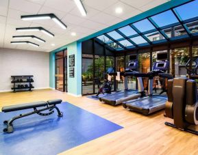 The fitness center at Sonesta Select Philadelphia Airport is equipped with free weights, an assortment of exercise machines, large windows, and gym balls.