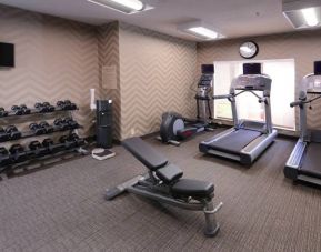 Sonesta ES Suites Dallas Medical Market Center’s fitness center has an assortment of exercise equipment including free weights, and a wall-mounted television.